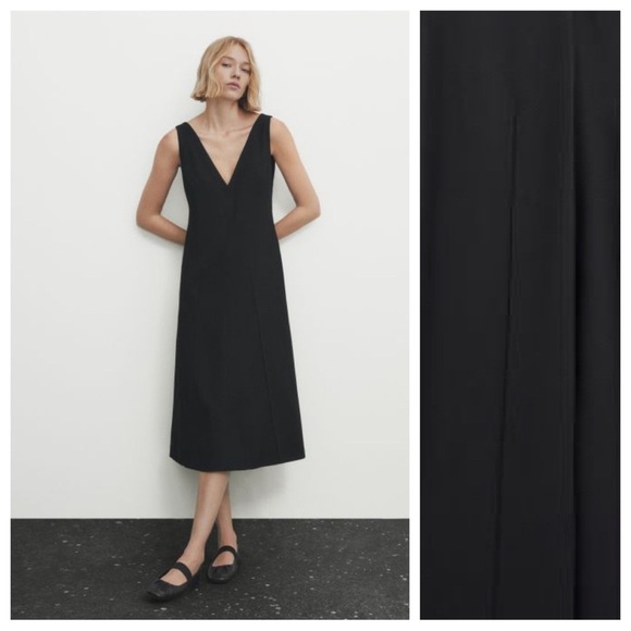 NWOT. Massimo Dutti Casual Style Black V-Neck Midi Dress with Strap. Size L. - Picture 3 of 12